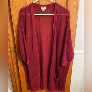 Maroon long waffle knit cardigan